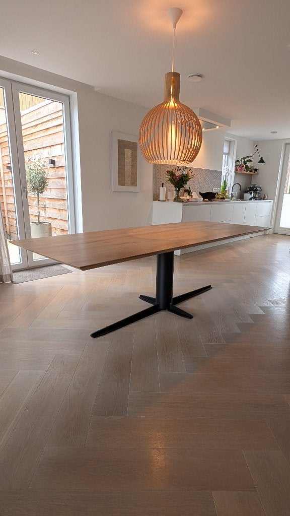 Eikenhouten eettafel met zwart metalen poot (100x250 cm), Ophalen, Gebruikt, 200 cm of meer, 50 tot 100 cm