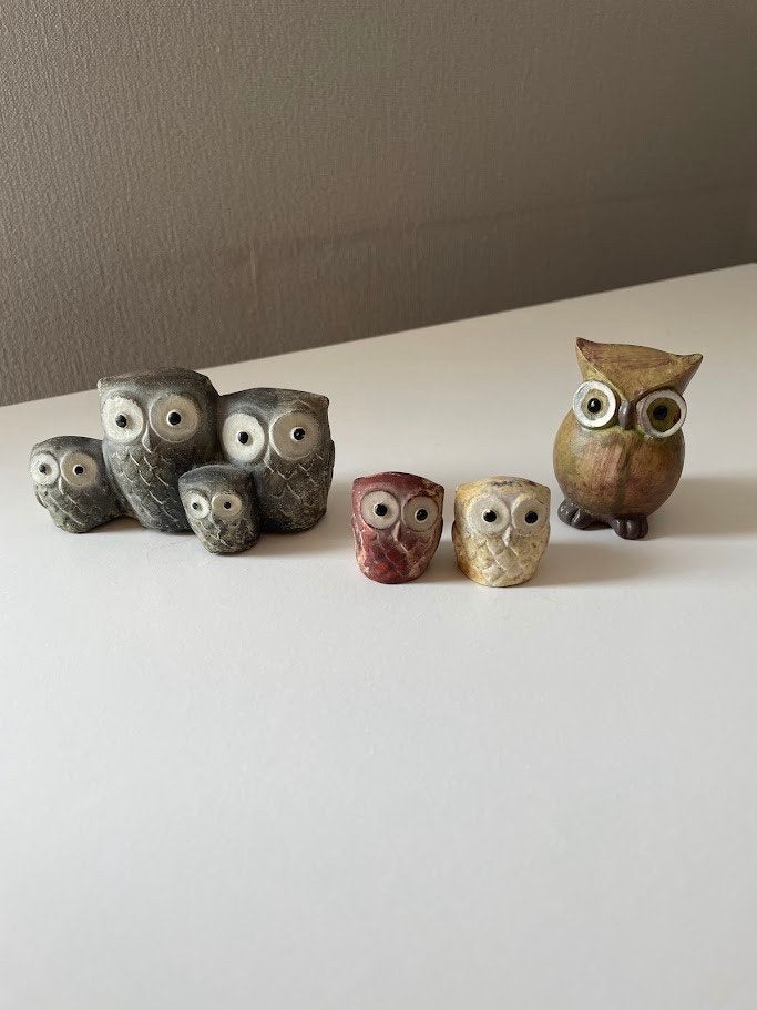 Beeldjes: 1 uiltjes-familie en 3 andere uiltjes., Ophalen of Verzenden, Gebruikt, Vogel, Beeldje of Figuurtje