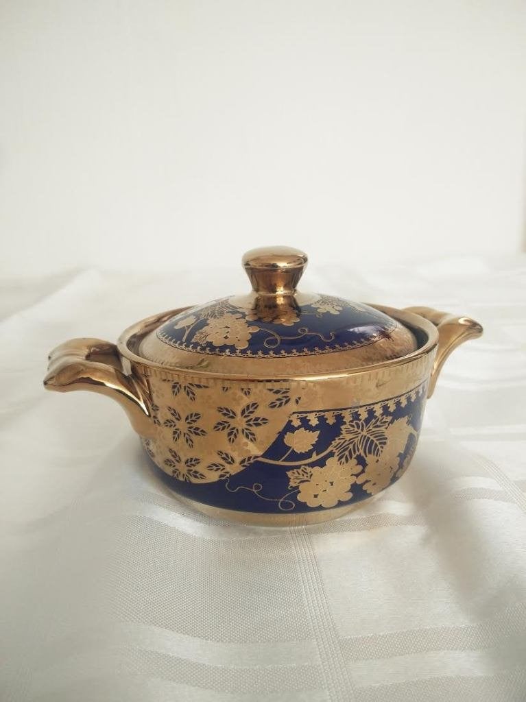 Yaran porselein schaaltje pannetje goud kobalt blauw, Ophalen of Verzenden