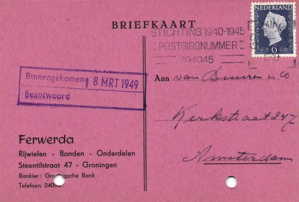 Ferwerda, Groningen - 03.1949 - briefkaart, Ophalen of Verzenden, Briefkaart