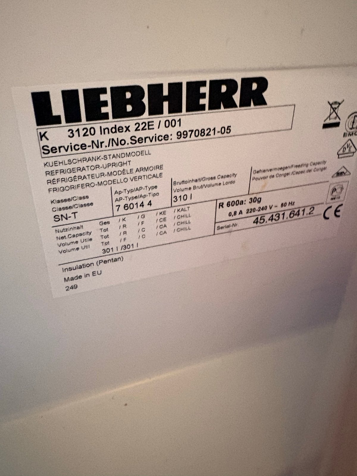 Liebherr Koelkast K 3120 - 310L Inhoud, Ophalen, 200 liter of meer, 60 cm of meer, 160 cm of meer