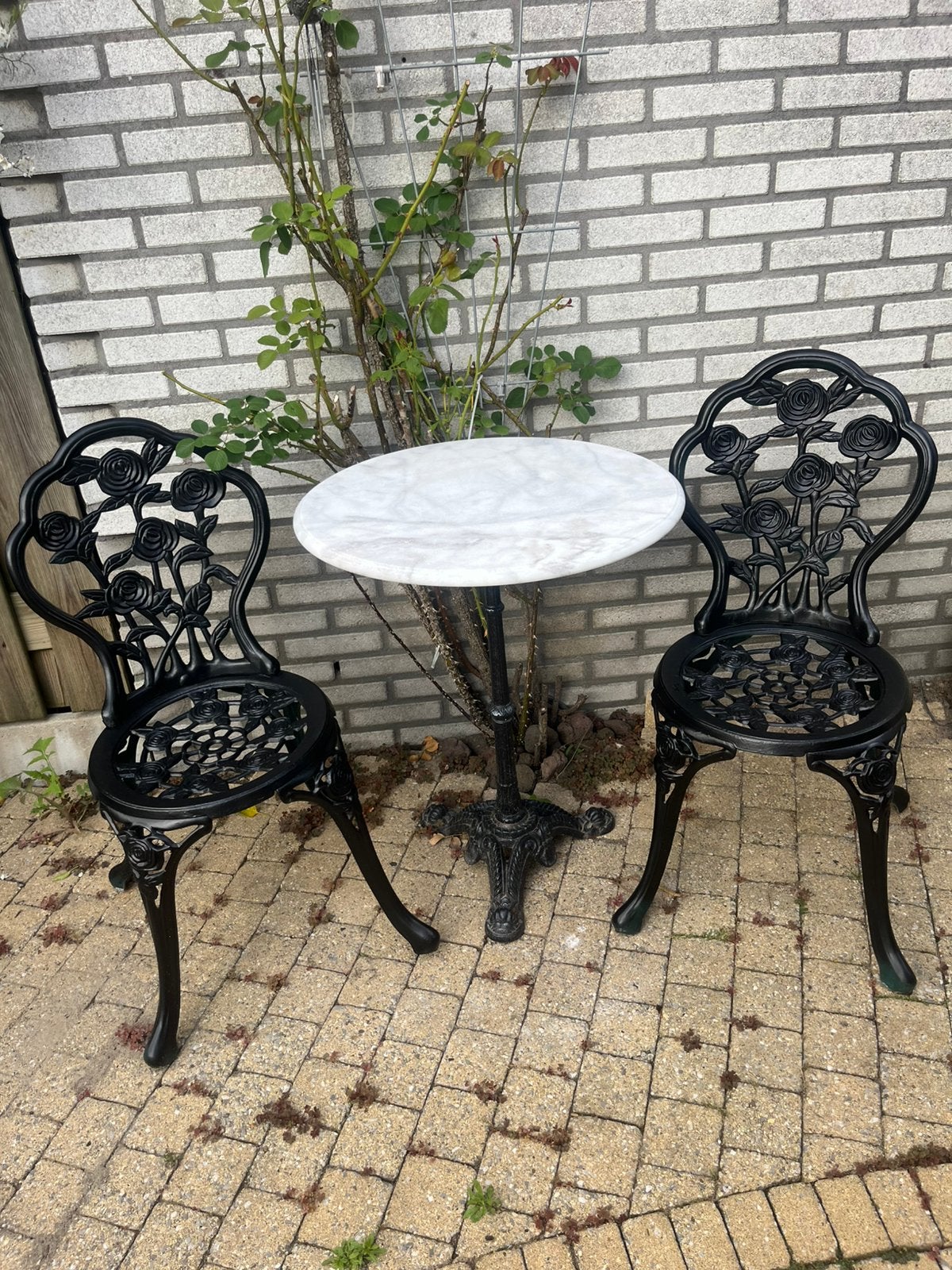 Brocant Bistro Set met marmer, Ophalen, Zo goed als nieuw, Overige materialen, 2 zitplaatsen