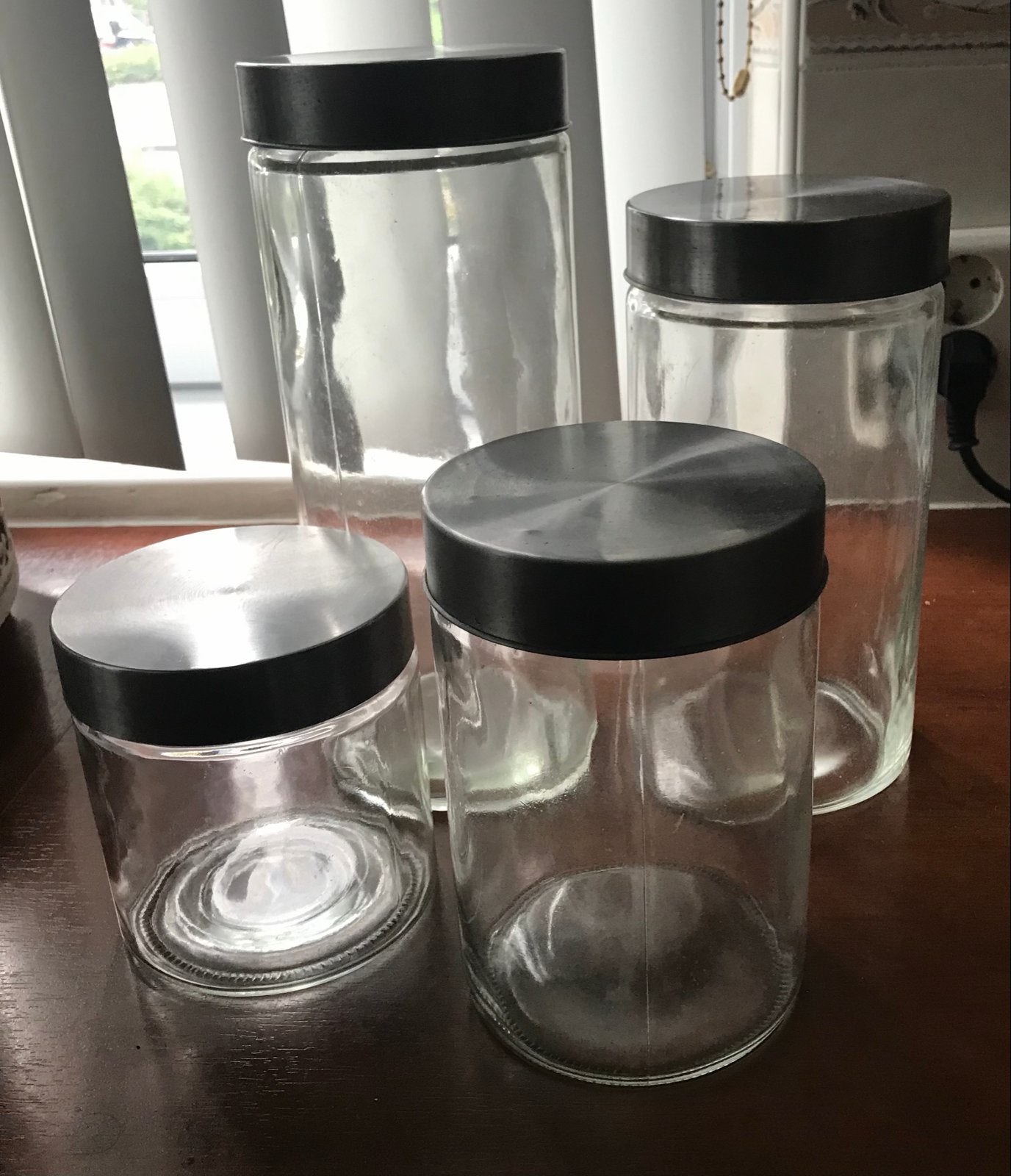 Set van 4 glazen voorraadpotten met metalen deksel, Ophalen, Zilver, Voorraadpot, Overige merken