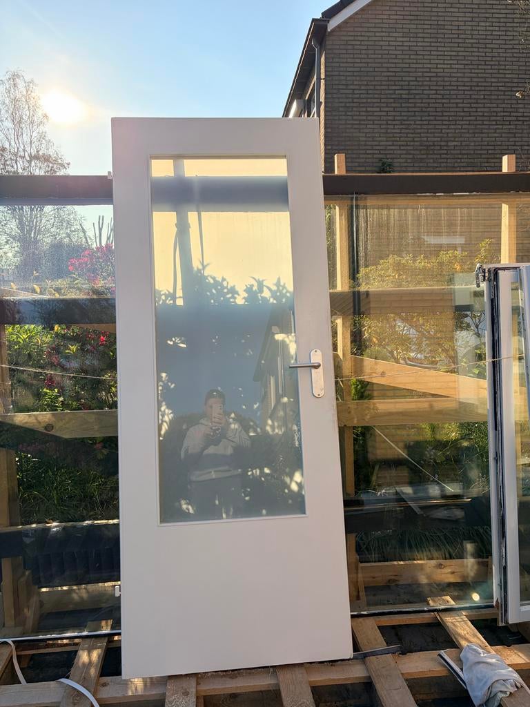 Witte opdekdeur met melkglas, linksdraaiend (78,5x201cm), Doe-het-zelf en Verbouw, Deuren en Horren, Ophalen, Gebruikt, 80 tot 100 cm