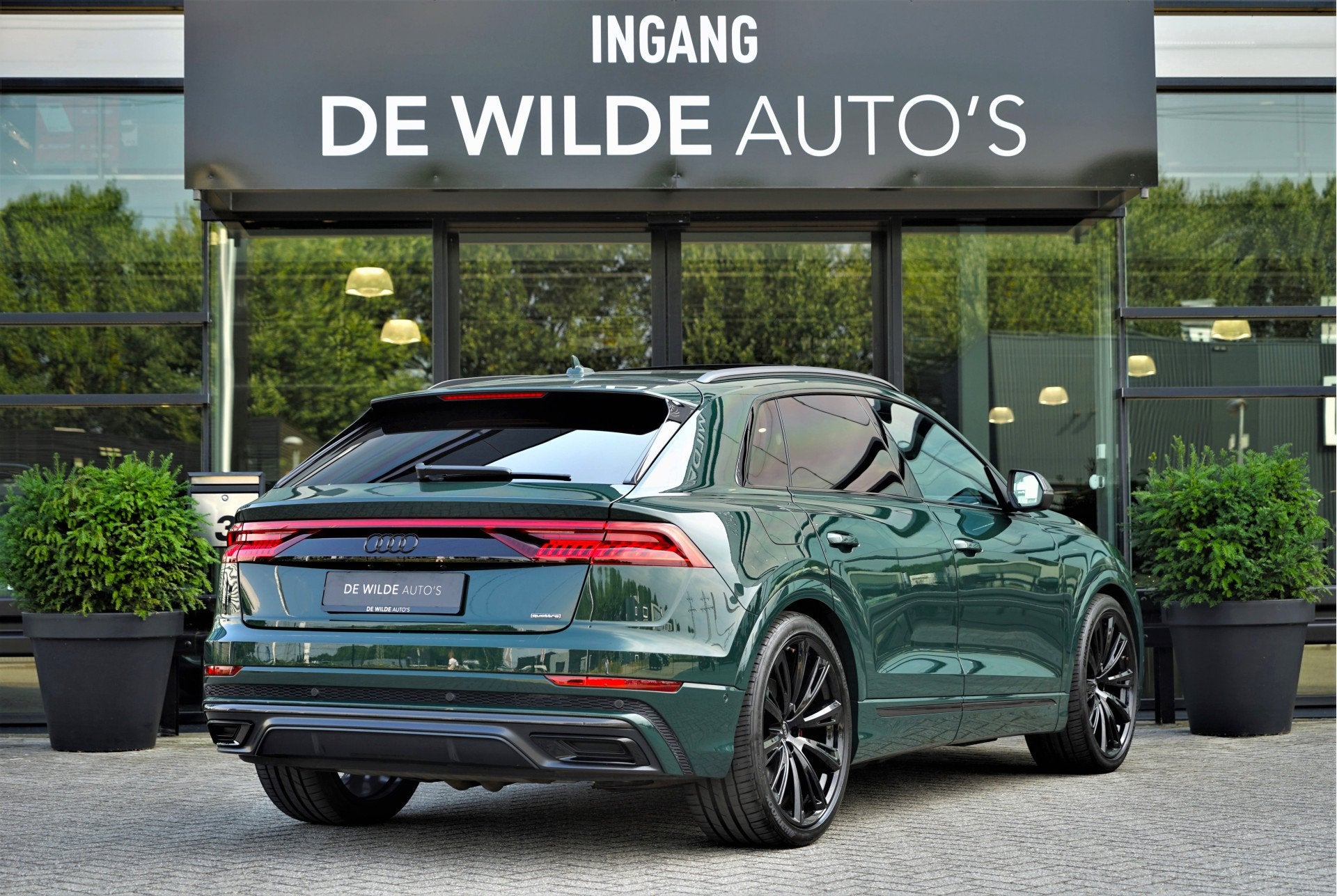 Audi Q8 55 TFSI e quattro S-line Competition GoodwoodGreen R, Auto's, Automaat, Dealer onderhouden, Gebruikt, Zwart
