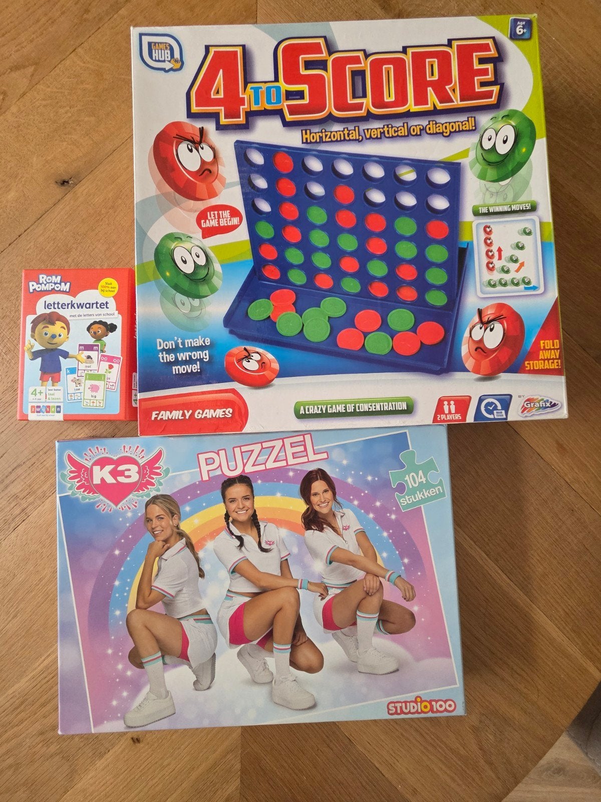 Bordspellen: 4 op een rij, Letterkwartet & K3 Puzzel, Een of twee spelers, Ophalen, Gebruikt, Games Hub, Rom Pom Pom, Studio 100