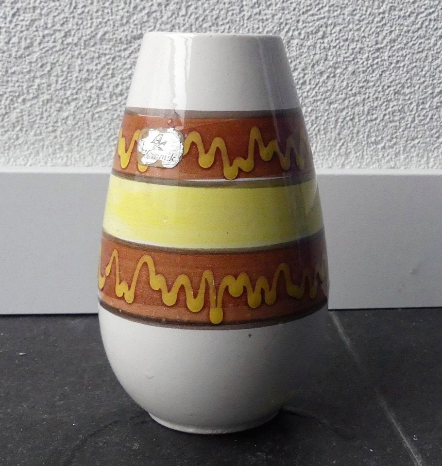 AK Keramik vintage vaas 632-15 wit geel bruin West-Germany, Huis en Inrichting, Gebruikt, Wit, Steen/keramiek, 15 cm