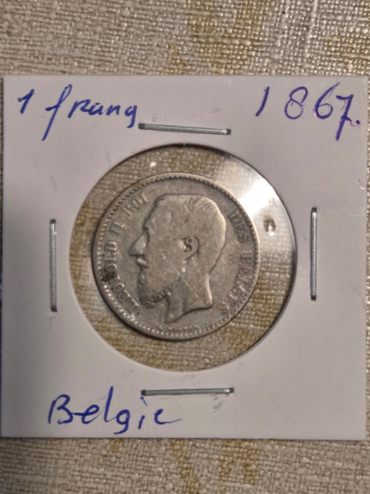 Belgische 1 Frank munt Leopold II uit 1867, Ophalen of Verzenden