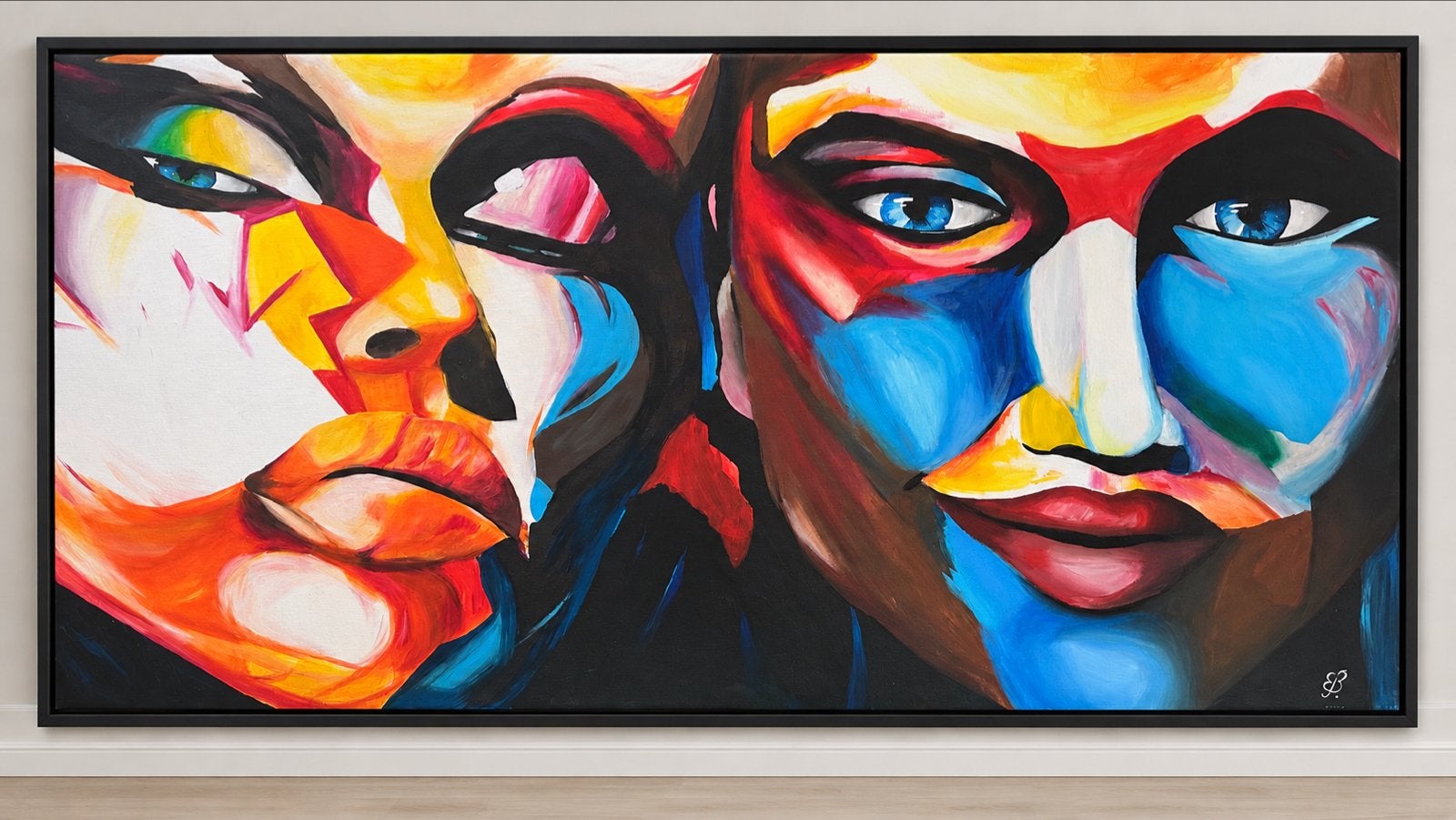 Groot kleurrijk schilderij 140x70 cm incl. zwarte lijst, Antiek en Kunst, Abstract, Acrylverf, Handgeschilderd, Ophalen of Verzenden