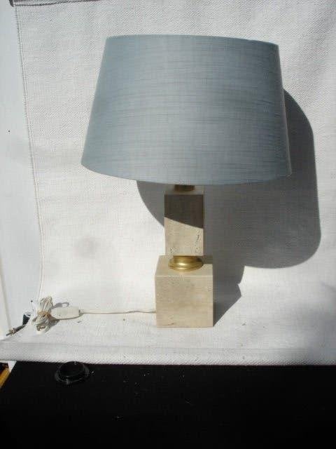 Twee Vintage travertin / koper tafellampen jaren 70, 50 cm, Gebruikt, Vintage, Met schakelaar