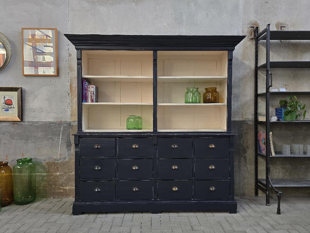 Vintage Blauwe Buffet Kast | Grote Buffetkast Hout Antiek, Met plank(en), Gebruikt, Antiek Retro Vintage Brocante Landelijk, 200 cm of meer