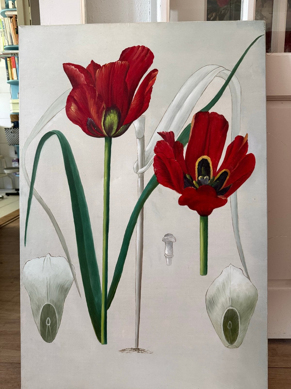 Schilderij rode tulpen, 90x60 cm, Antiek en Kunst, Kunst | Schilderijen | Klassiek, Doek, Realistisch, Handgeschilderd, Olieverf