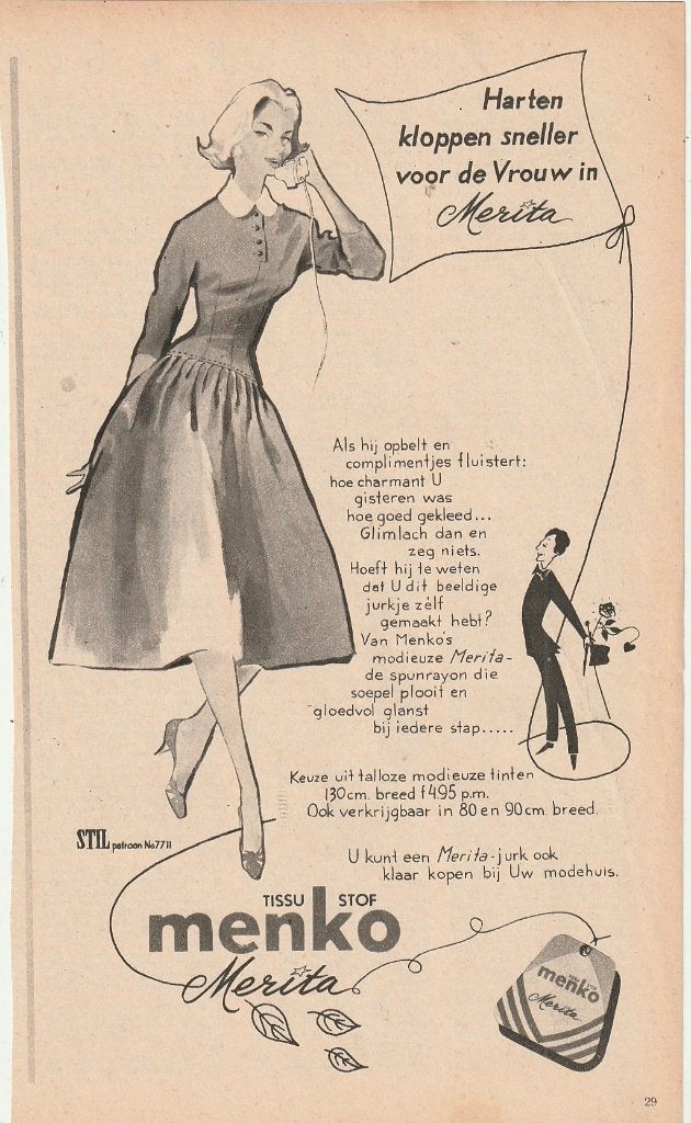 Retro reclame 1956 Menko Merita damesmode vele tinten, Verzamelen, Verzenden, Overige typen