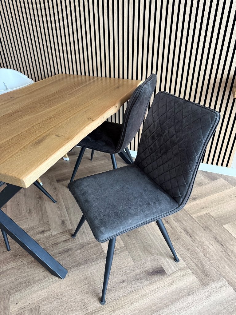 Massief eiken eettafel 140x80 + 4 stoelen | zwarte kruispoot, Ophalen, Gebruikt, 100 tot 150 cm, Eikenhout