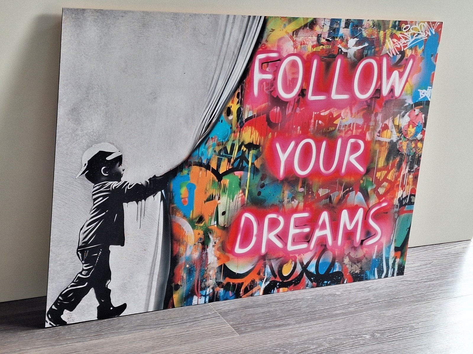 Banksy "Follow Your Dreams" Canvas Schilderij 90x60, Antiek en Kunst, Overig onderwerp, Op houten frame, Ophalen of Verzenden