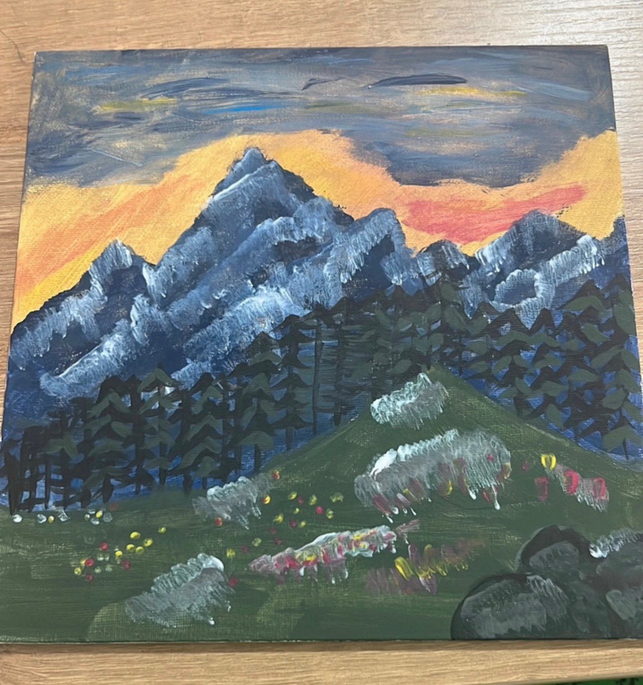 Schilderij van berglandschap bij zonsondergang, Verzenden