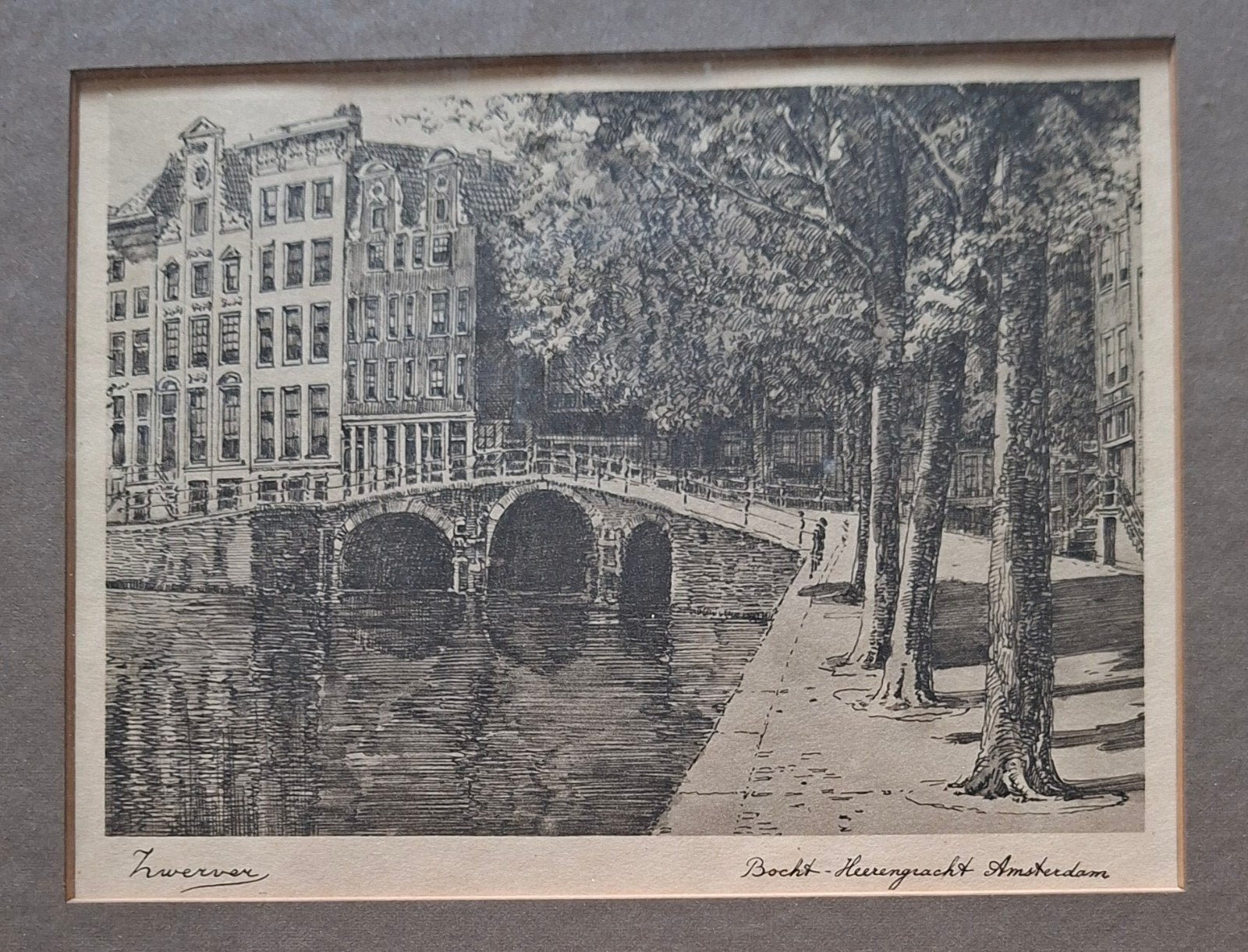 Ets 'Bocht Herengracht Amsterdam' gesigneerd Zwerver, Ophalen of Verzenden