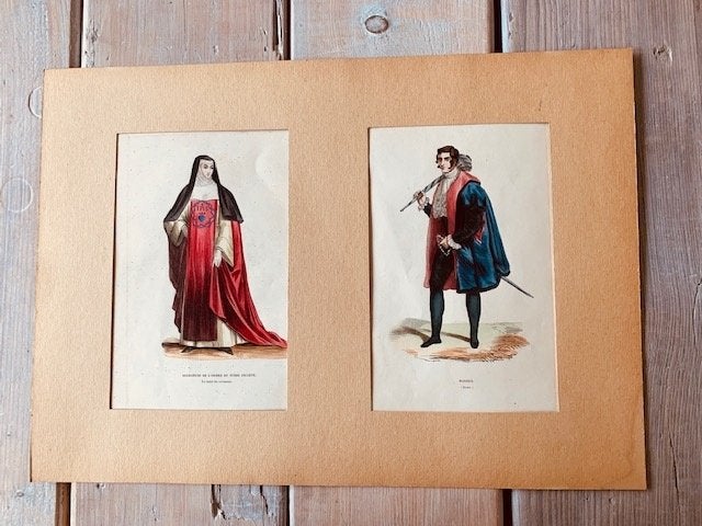 Antieke ingekleurde gravures. Religieuze kleding., 1800 - 1899, Religie, 17 cm, Gravure