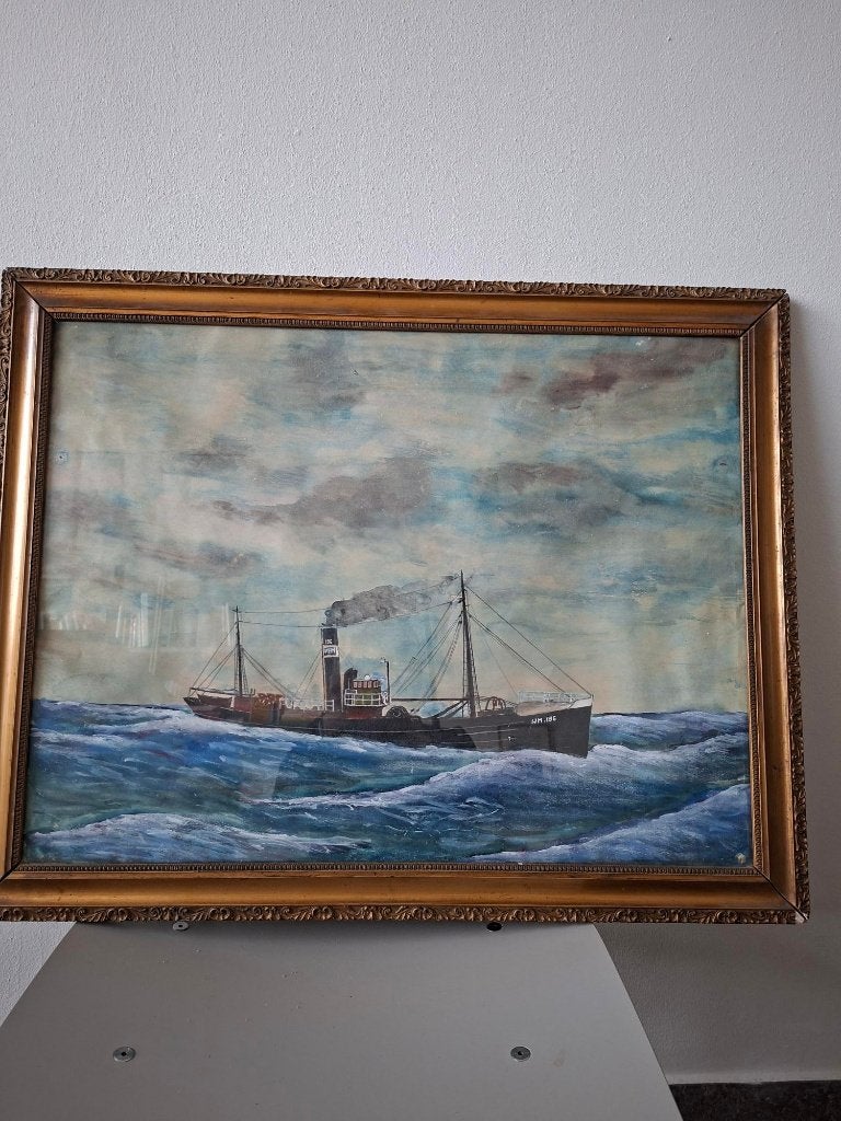 vintage schilderij vissersschip stoomboot trawler op zee, Ophalen, Klassiek, Origineel werk, Maritiem / water