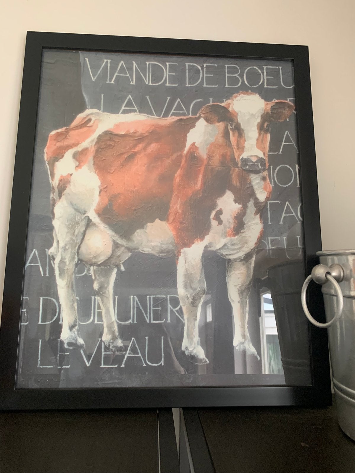 Koe poster met Franse tekst in zwarte lijst, Ophalen of Verzenden, Zo goed als nieuw, Minder dan 50 cm, Foto of Poster