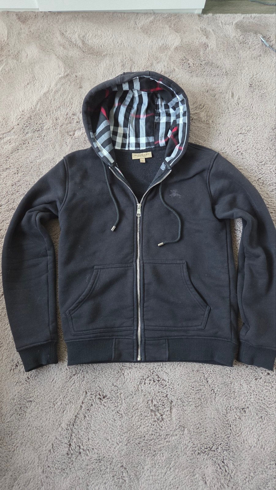 Burberry hoodie met rits en geruite capuchon - Maat S, Zwart, Ophalen of Verzenden, Gedragen, Burberry