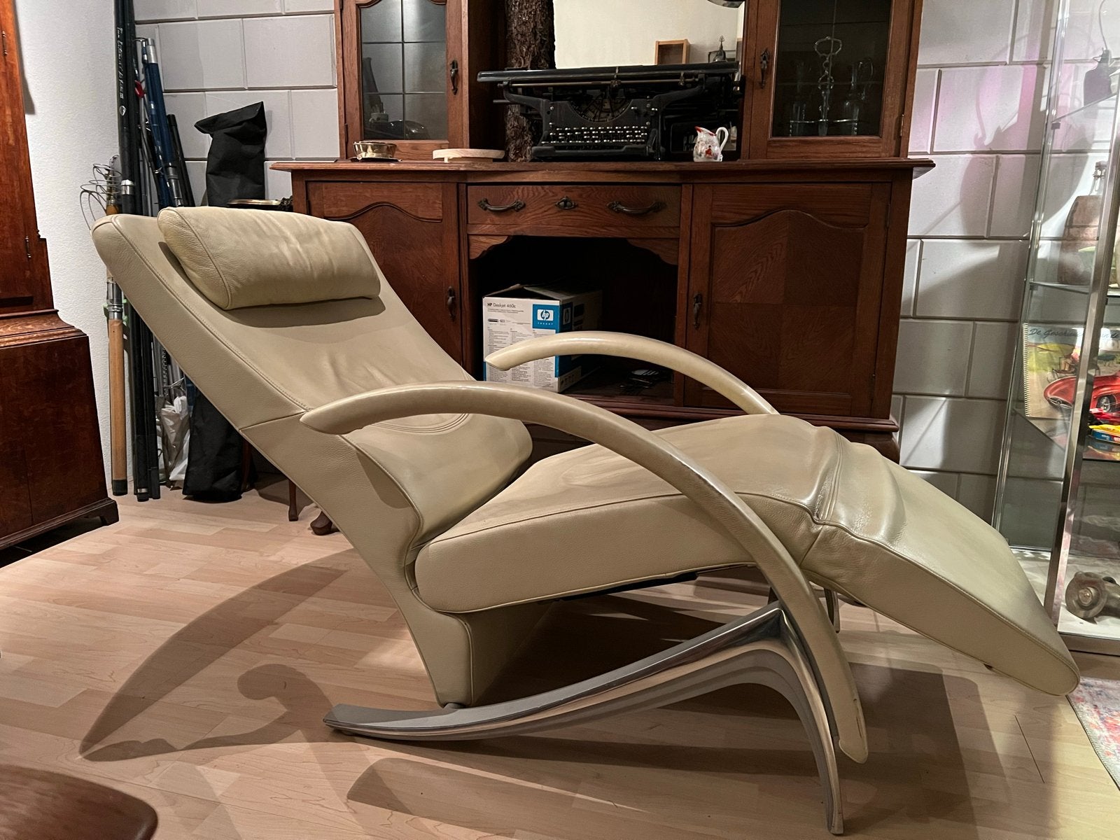 Rolf  Benz relaxfauteuil - Beige leer, Gebruikt, 125 tot 150 cm, Leer, Ophalen of Verzenden
