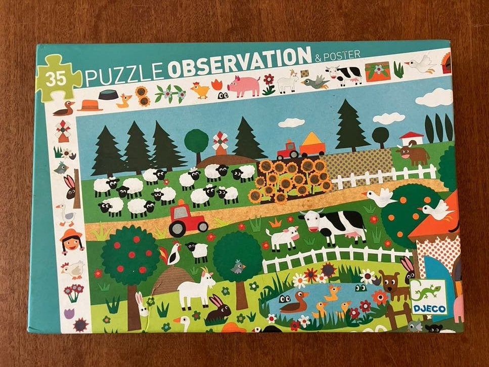 Djeco observatie puzzel la ferme buitenleven, Ophalen of Verzenden, 10 tot 50 stukjes, Zo goed als nieuw