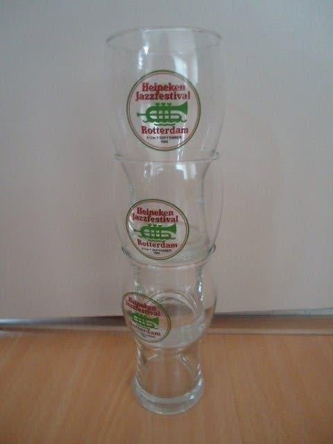 3x Heineken glas, Jazzfestival Rotterdam 1986., Verzamelen, Biermerken, Ophalen of Verzenden, Zo goed als nieuw, Glas of Glazen