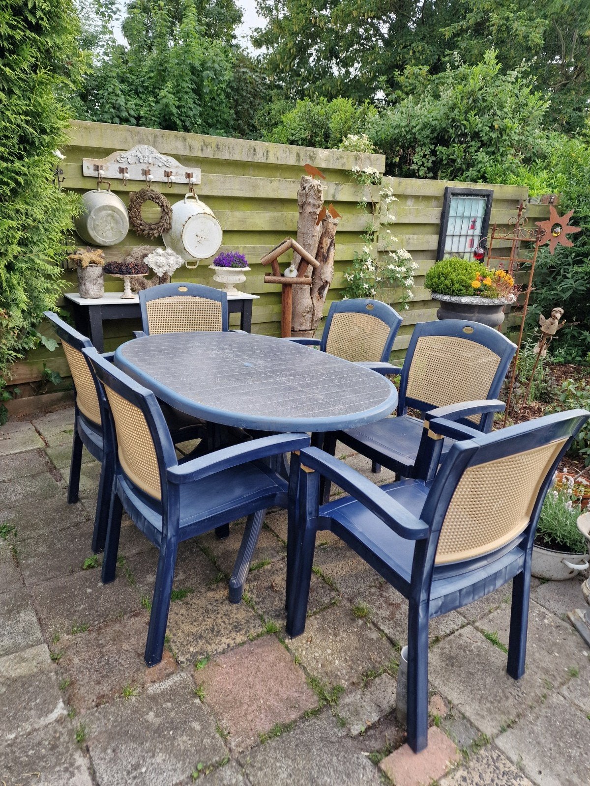 Hartman tuinset 6 stoelen blauw met creme, Ophalen, Kunststof, Gebruikt, 6 zitplaatsen