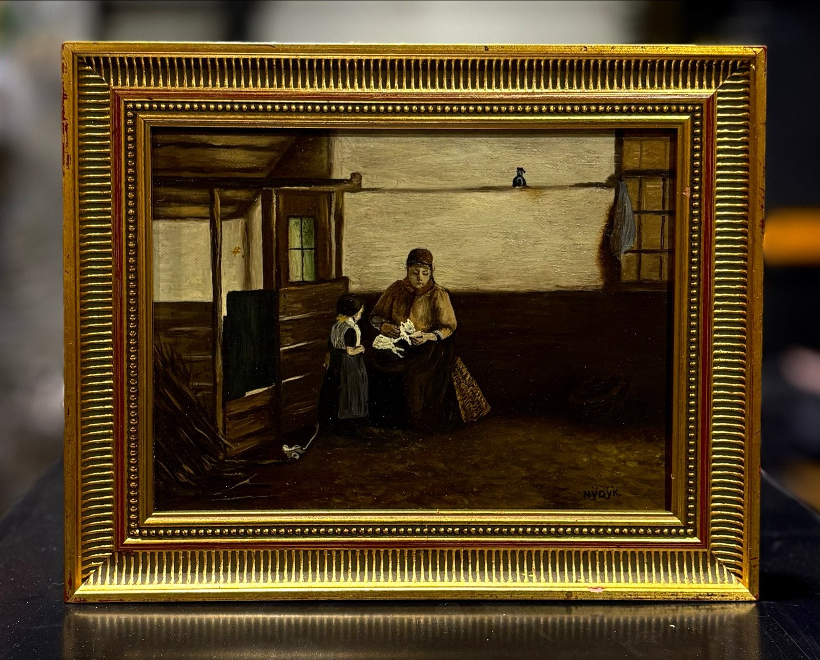 Gesigneerd Hollands interieurschilderij - Nijdijk, Doek, Portret of Personen, Ophalen of Verzenden, Gesigneerd