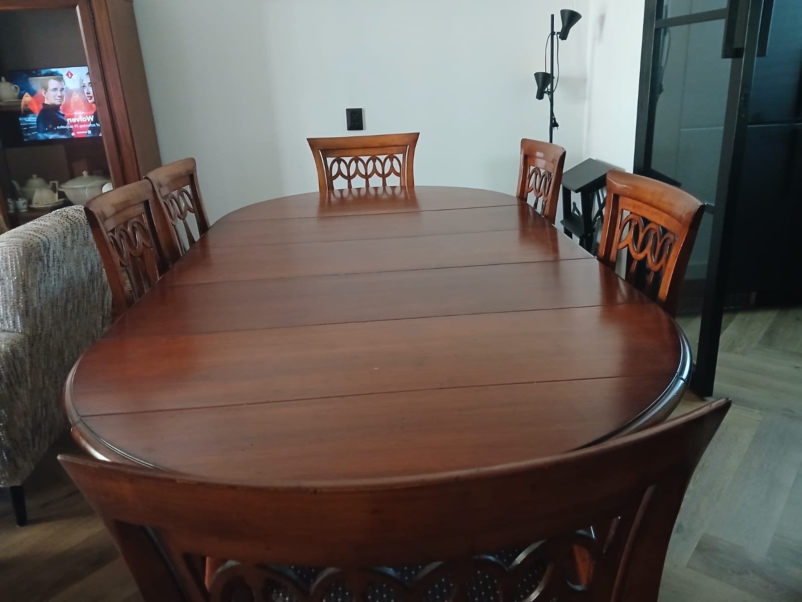 Uitschuifbare eettafel met 6 stoelen, Ophalen, Gebruikt, 100 tot 150 cm, 150 tot 200 cm