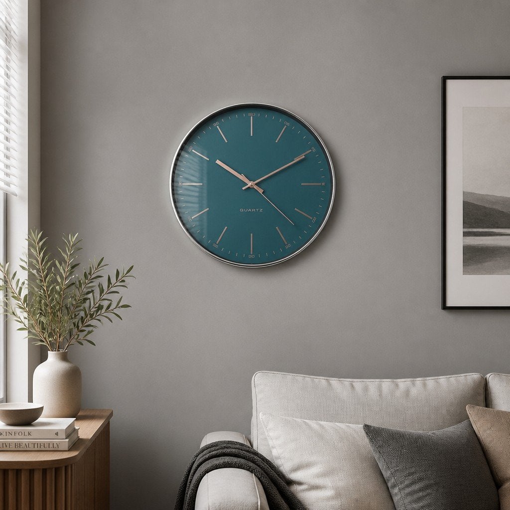 Nieuwe wandklok met gouden rand en groene achtergrond, Wandklok, Verzenden, Analoog, Werkt op batterijen