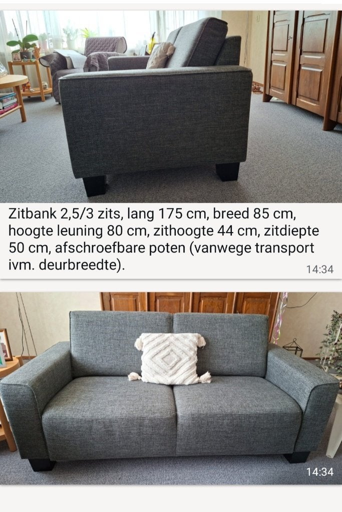 2,5 / 3 zitsbank - antraciet - zeer netjes, Ophalen, Tweepersoons, 75 tot 100 cm, Zo goed als nieuw