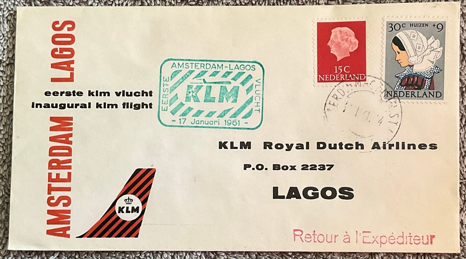KLM Eerste Vlucht Amsterdam-Lagos 1961, Ophalen of Verzenden, Beschreven, Rest van de wereld