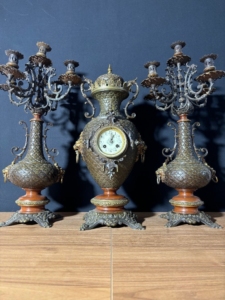 (78) Antieke Franse Empire-stijl Vaaspendule + kandelaren, Antiek en Kunst, Ophalen of Verzenden