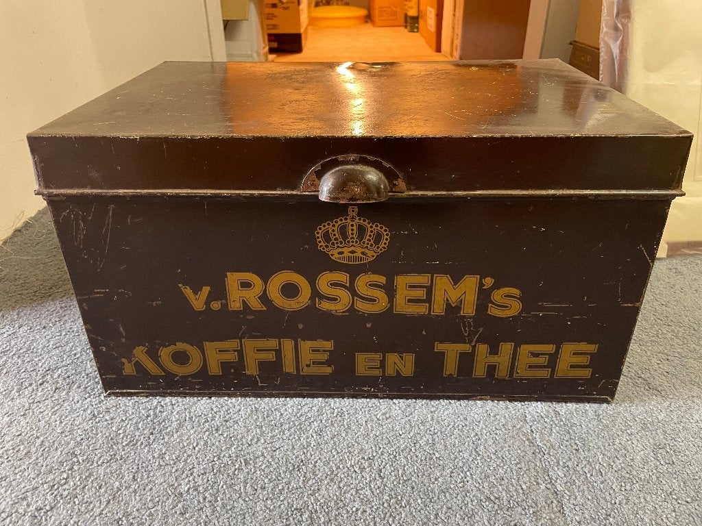 Groot koffieblik van het merk 'Van Rossem's koffie en thee'., Ophalen, Gebruikt, Koffie