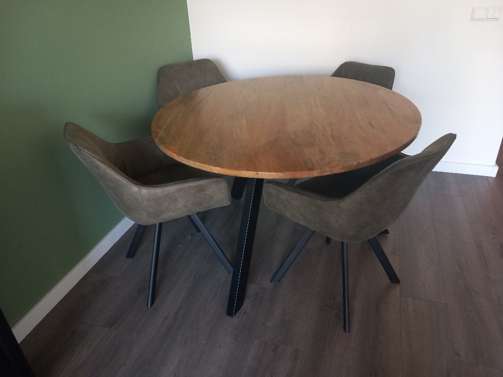 ZGAN Ronde eettafel 120 cm en 4 stoffen olijfgroene stoelen, Modern, Industrieel, Rond, Zo goed als nieuw, Vier personen