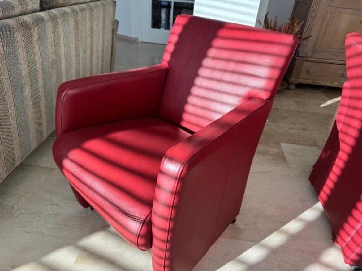 Set van 6 rode leren eetkamerstoelen met wieltjes, Ophalen, Gebruikt, Leer, Vijf, Zes of meer stoelen