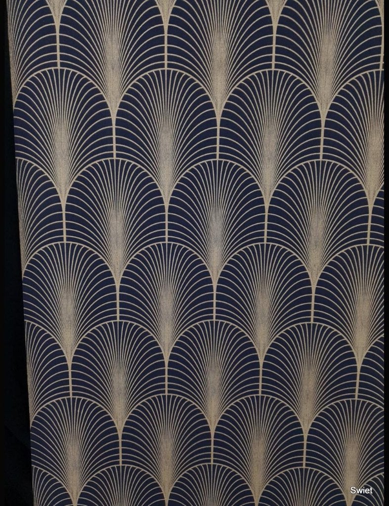 14004  Diepblauw boogjesbehang met gouden lijnen swiet, Ophalen of Verzenden