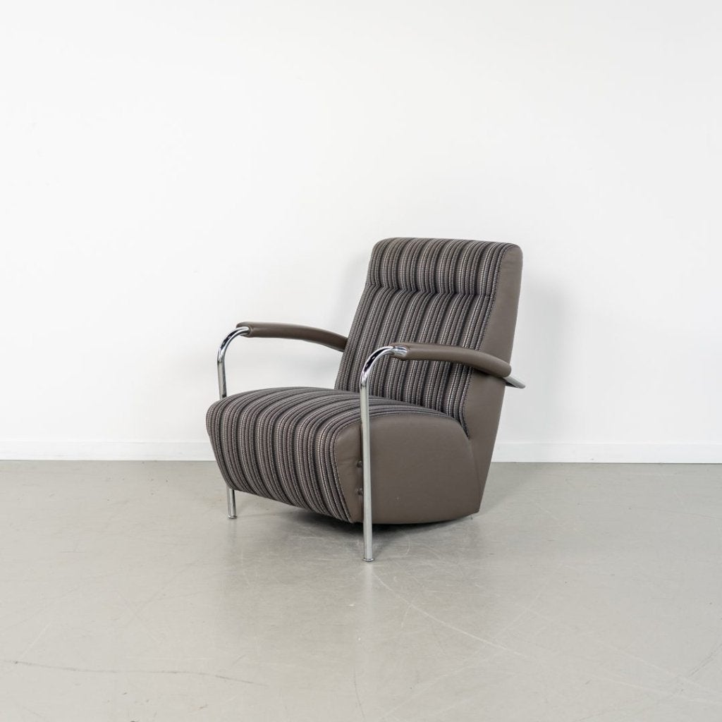 Leolux Scylla Hoog Fauteuil Gestreept Stof/Bruin Leer, Niet ingevuld, Zo goed als nieuw, Niet ingevuld, Niet ingevuld