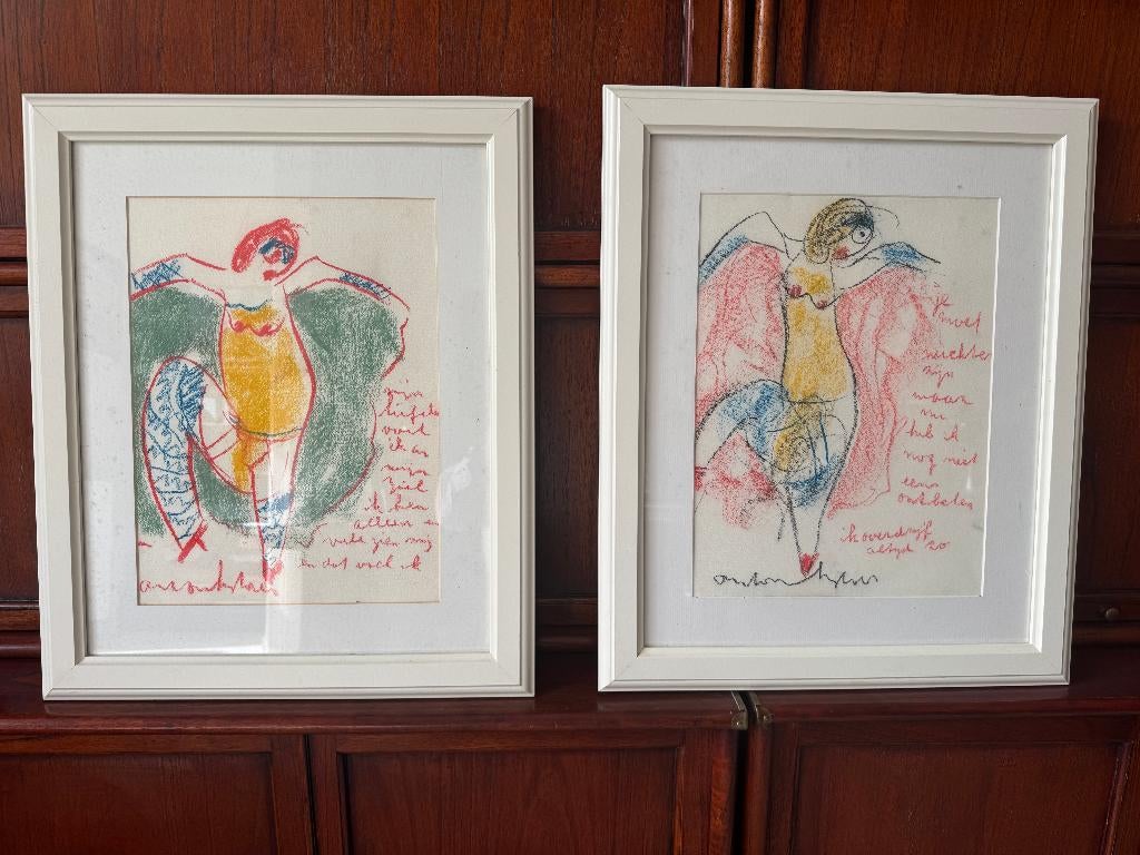 Set 2 x origineel gesigneerd pastel kunstwerk Anton Heyboer, Ophalen