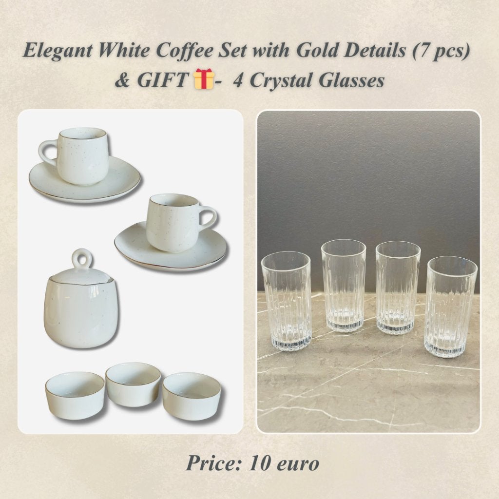 Elegant White Coffee Set with Gold Details (7 pcs) & GIFT, Ophalen, Rond, 50 tot 100 cm, 50 tot 100 cm
