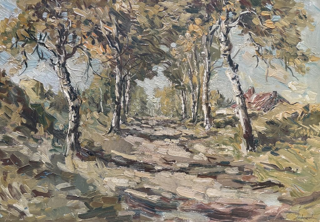 Theo Goedvriend (1879-1969) - Zandpad tussen de bomen, Paneel, Impressionistisch, Ophalen of Verzenden, Landschap