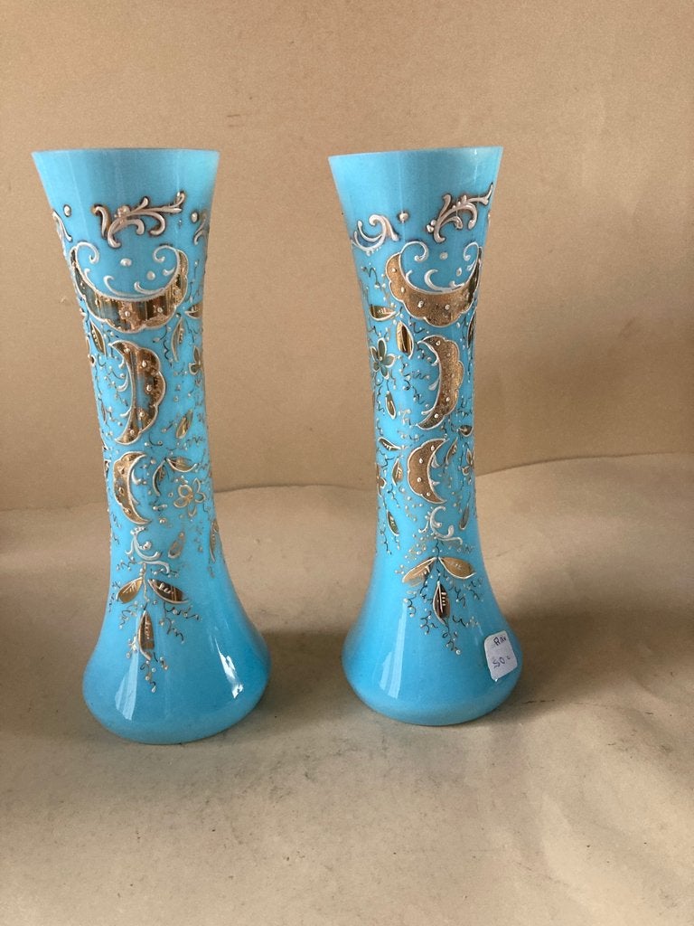 Stel Blauw Opaline met goud vaasjes, Antiek en Kunst, Antiek | Woonaccessoires, Ophalen of Verzenden