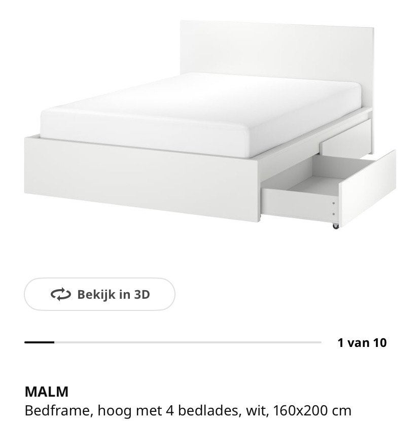 IKEA MALM Bedframe wit, 160x200 cm met 4 lades, Ophalen, Wit, Tweepersoons, Zo goed als nieuw