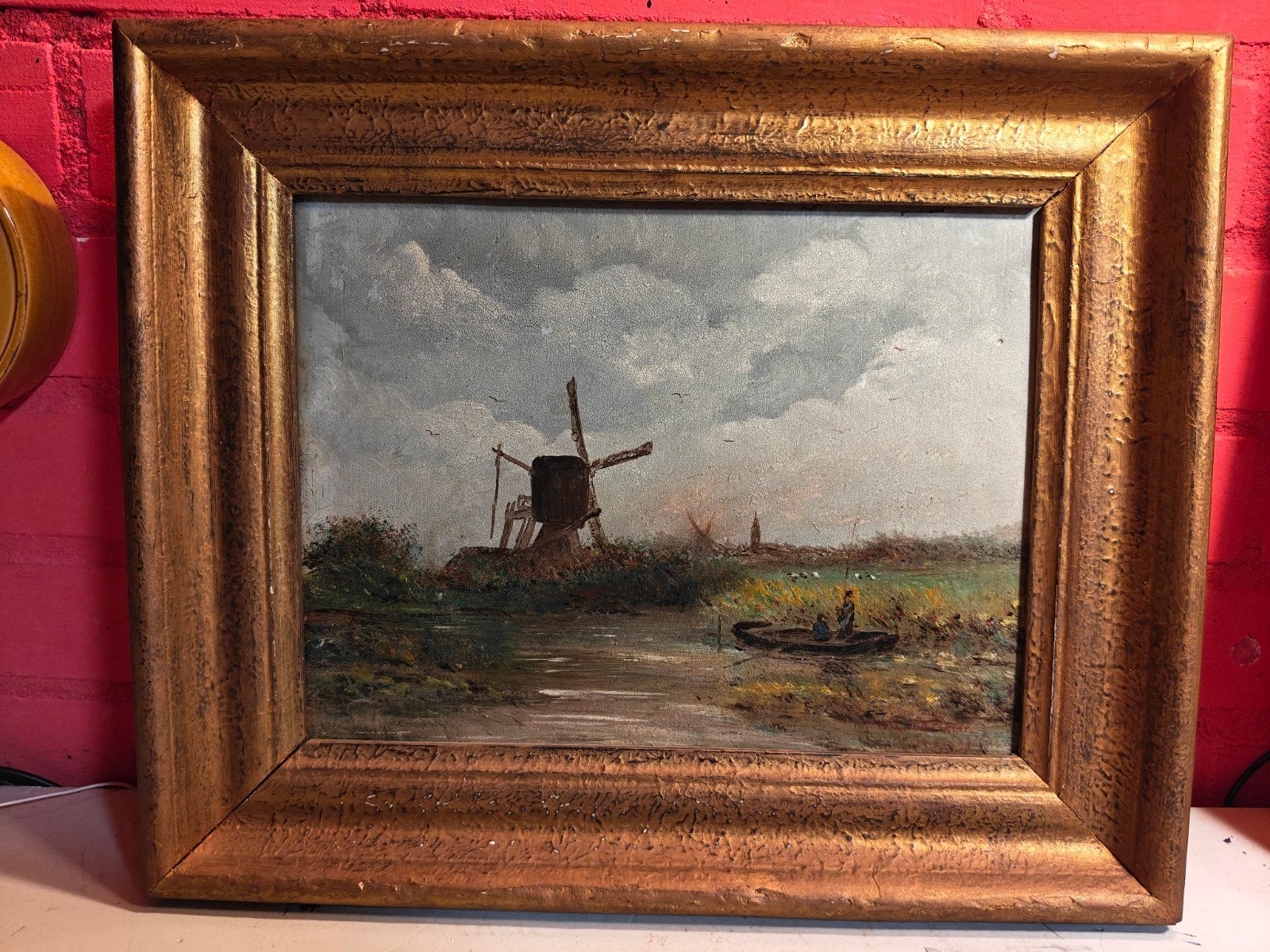 Antiek Olieverf Schilderij: Hollands Landschap met Molen, Antiek en Kunst, Paneel, Ophalen of Verzenden, Landschap, Olieverf
