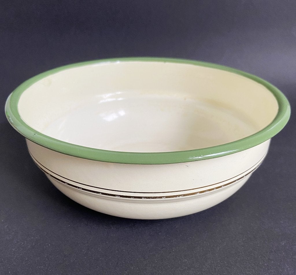 Vintage Emaille Schaal Wit Reseda Groen Gouden Bies 19,5 cm, Antiek en Kunst, Antiek | Emaille, Ophalen of Verzenden