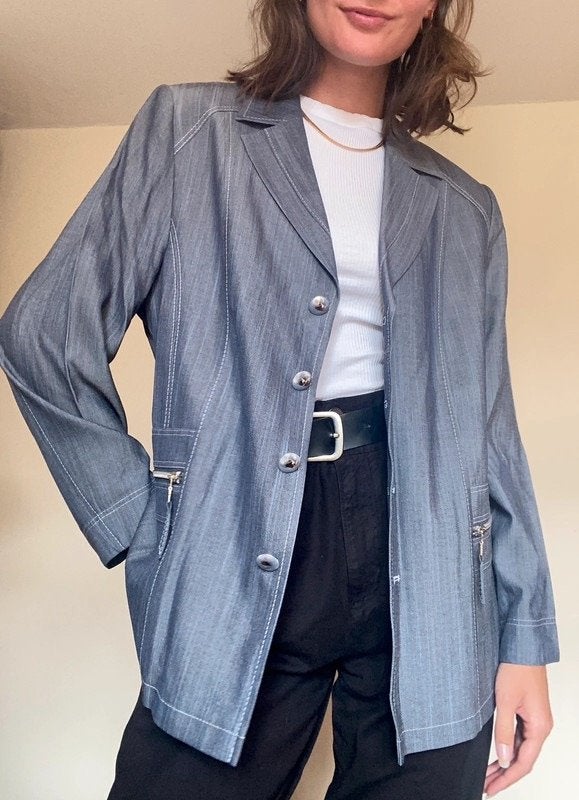 Blauwe blazer maat L denim achtig marine jasje, Blauw, Maat 42/44 (L), Ophalen of Verzenden, Zo goed als nieuw