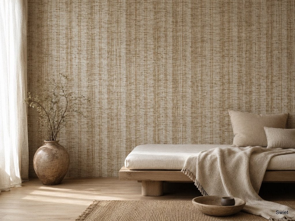 5621 vintage jutelook behang naturel geweven bruintint swiet, Ophalen of Verzenden, Beige