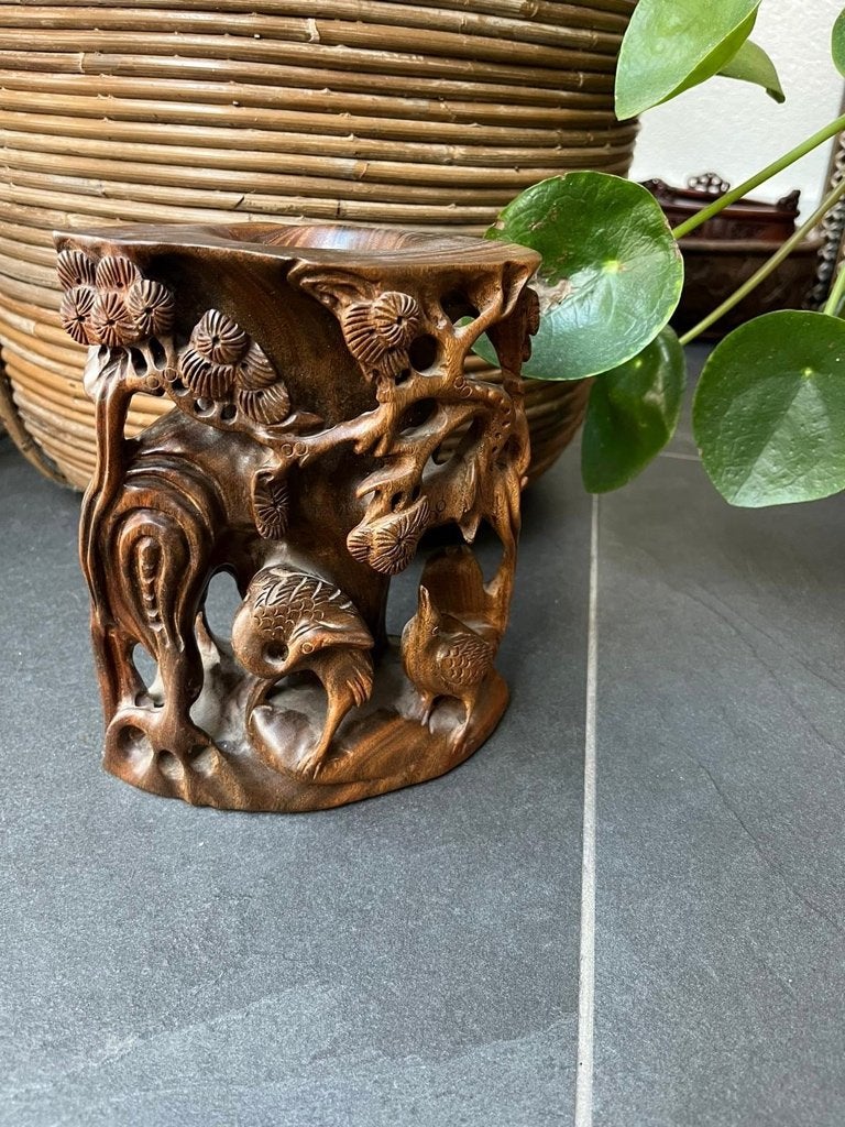 Chinese houtsnijwerk vintage pennen of pencelen pot chinees, Overige onderwerpen, Houtsnijwerk, Minder dan 20 cm, Handgemaakt